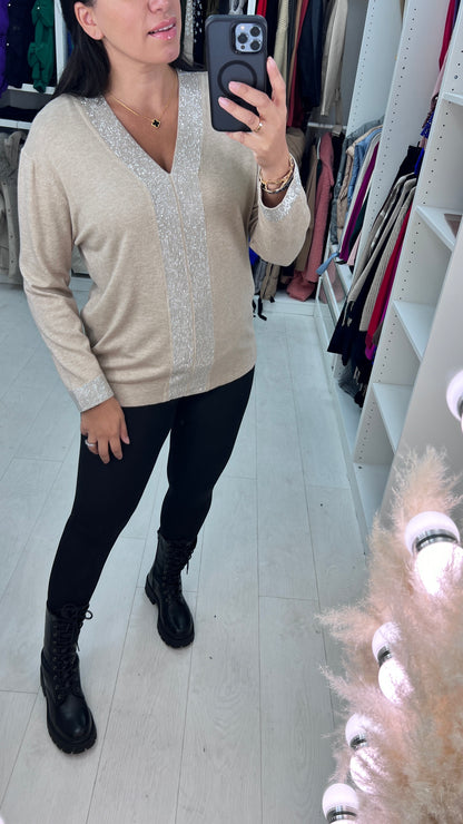 Zoe Gem Panel Front V Neck Jumper