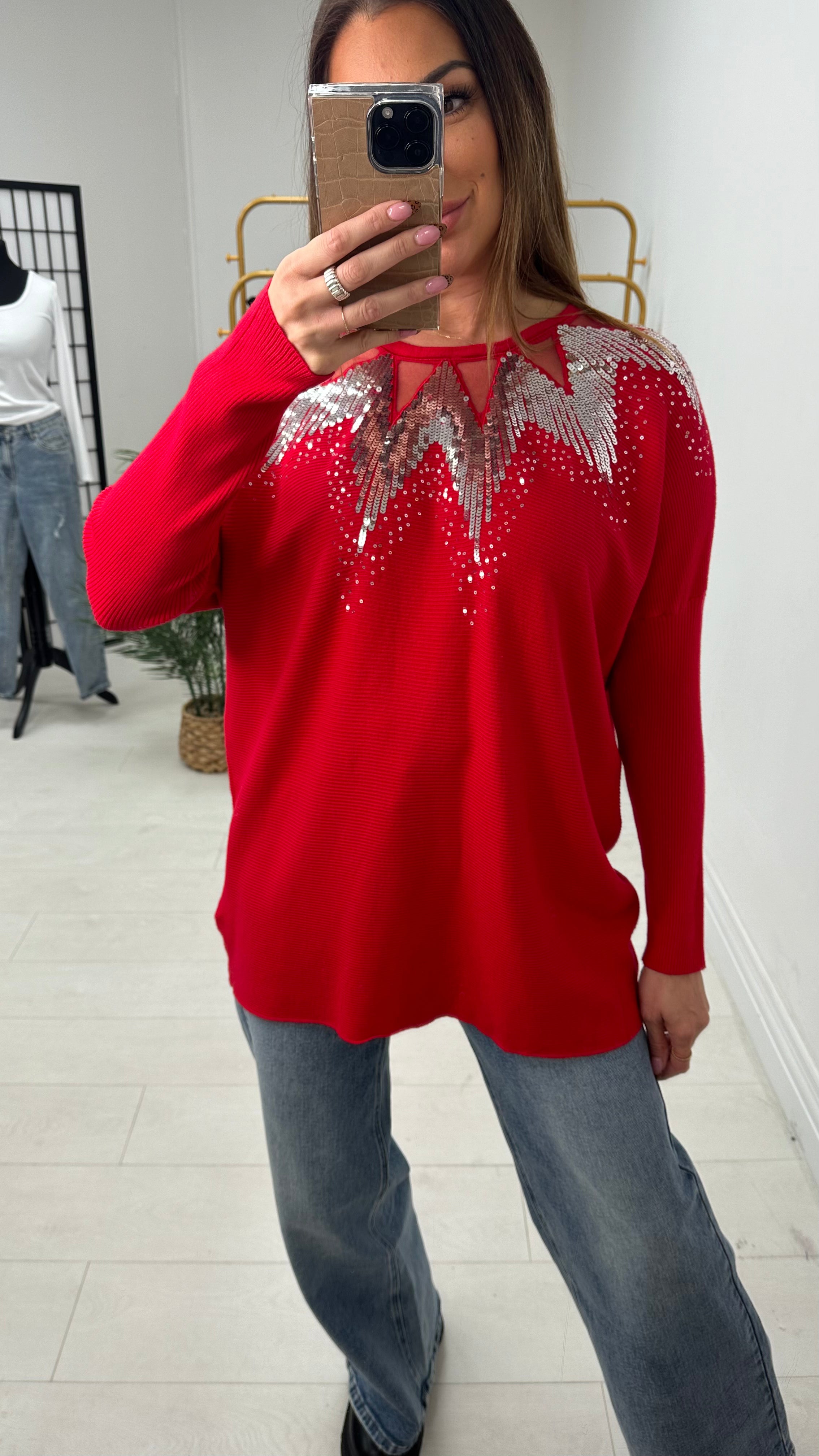 Mckenzie Sheer Panel Sequin Detail Knit Jumper