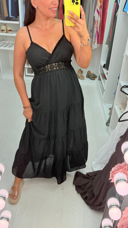 Halina Plain Crochet Detail Strappy Maxi Dress