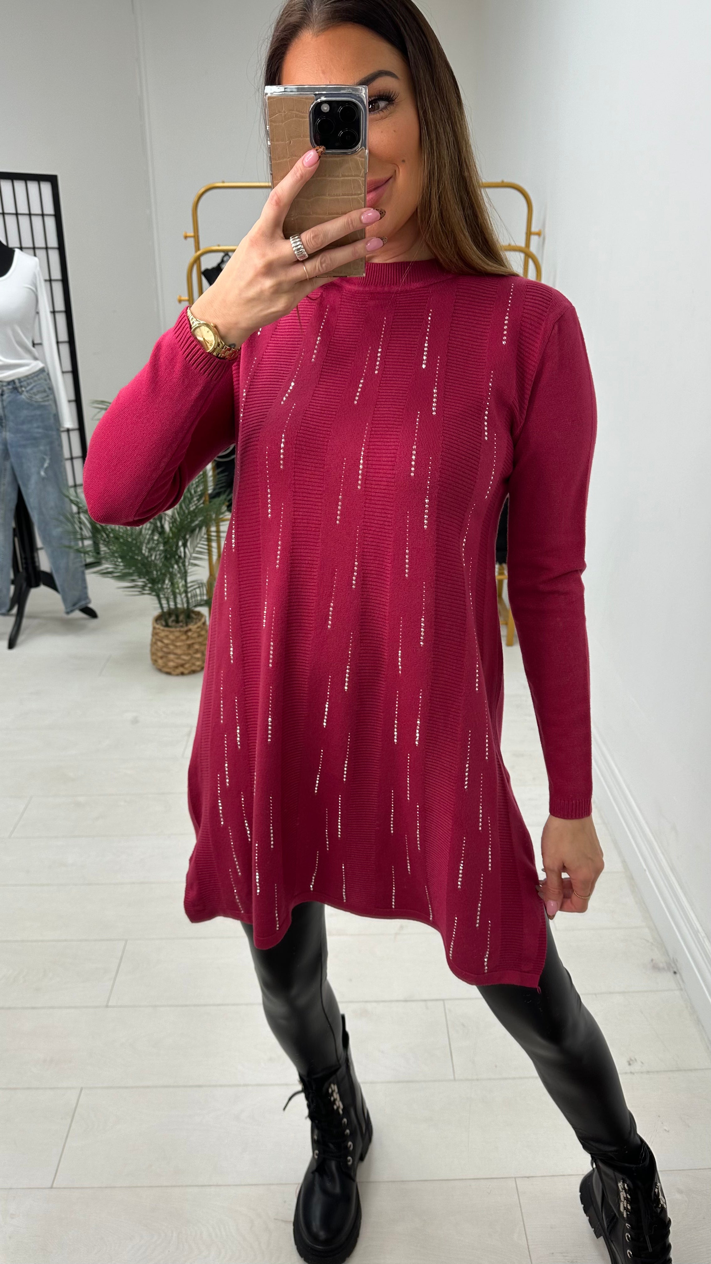 Heather Diamante Detail Longline Knit Jumper