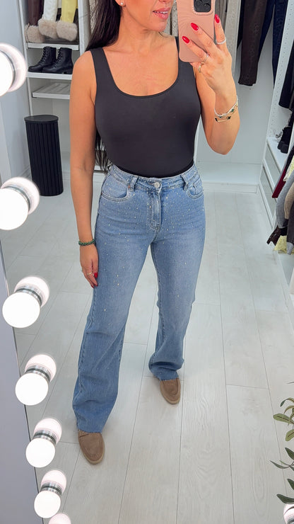 Andie Diamante Detailed Wide Leg Jeans