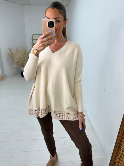 Reese V Neck Crochet Hem Jumper