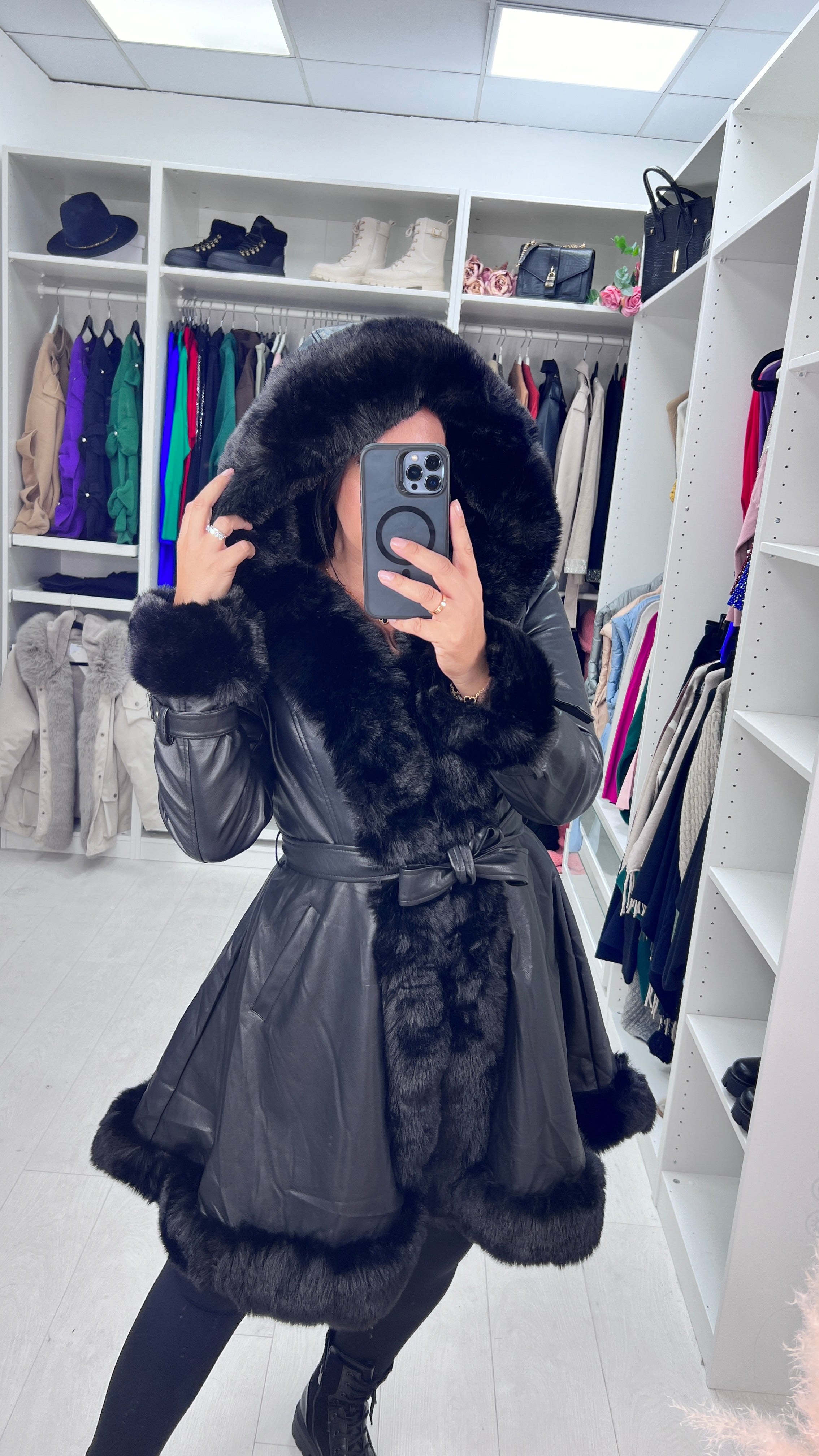 Stephanie Black Faux Fur Trim Faux Leather Coat