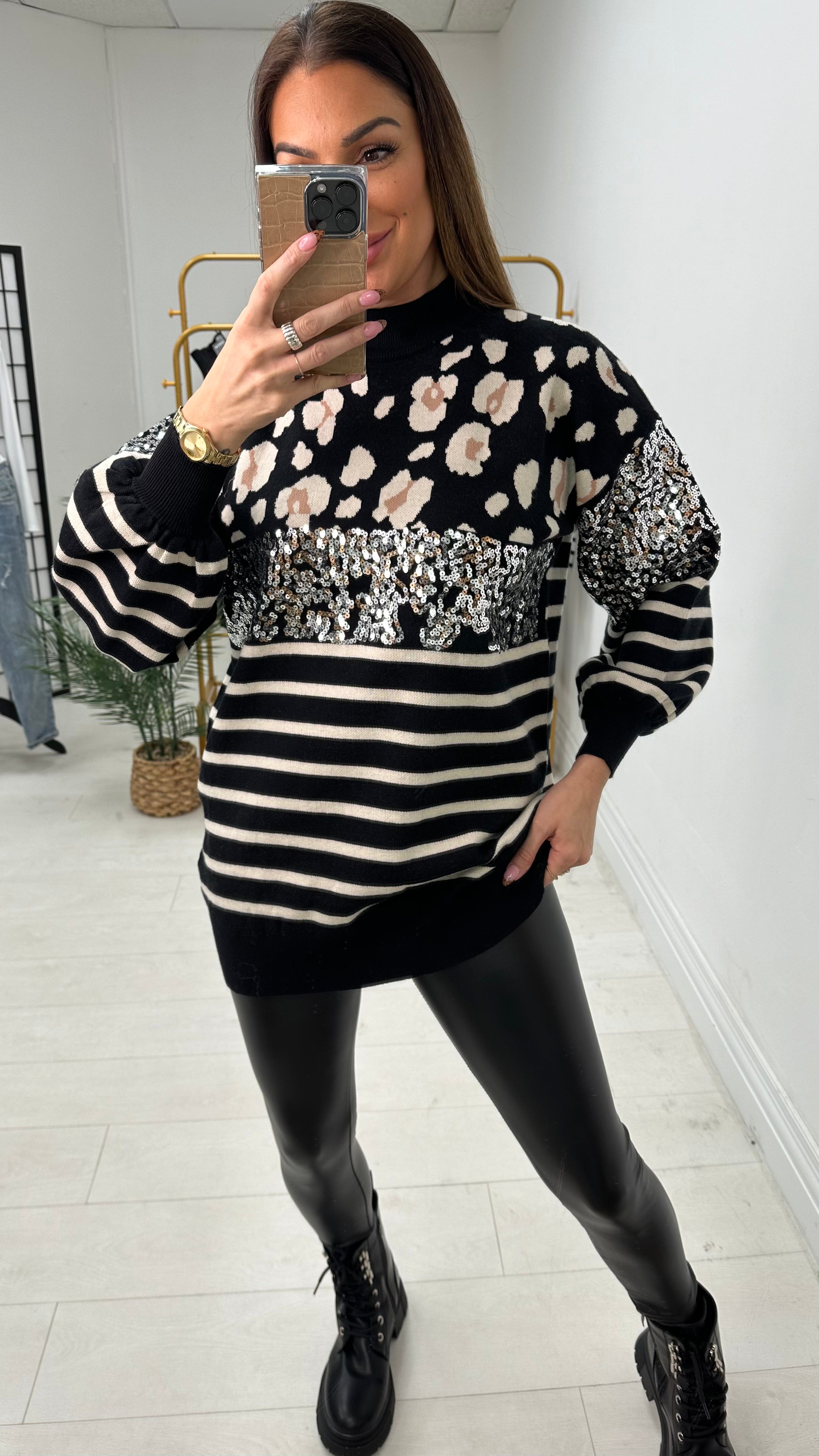 Tara Leopard Print Sequin Detailed Knit Jumper