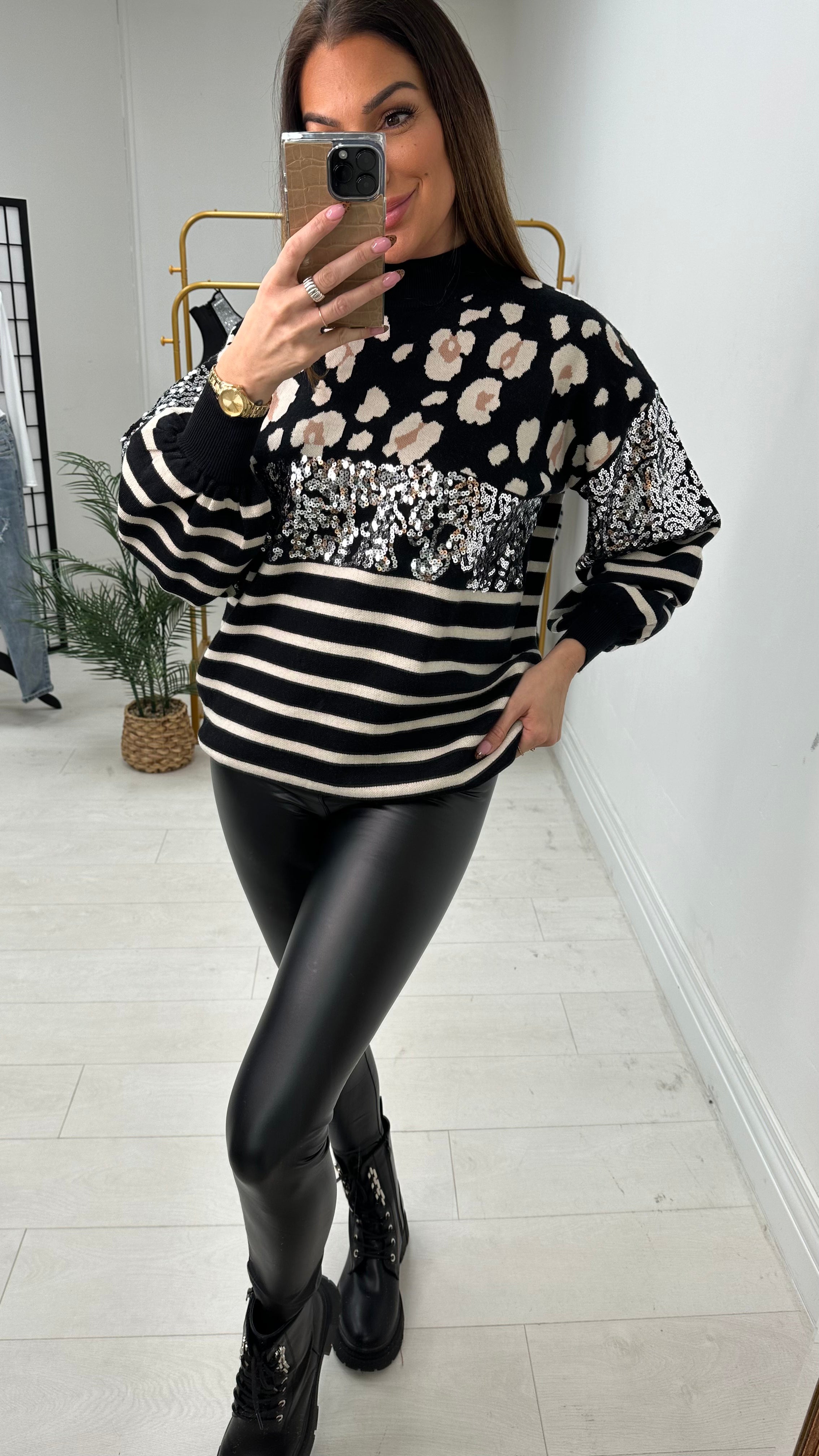 Tara Leopard Print Sequin Detailed Knit Jumper