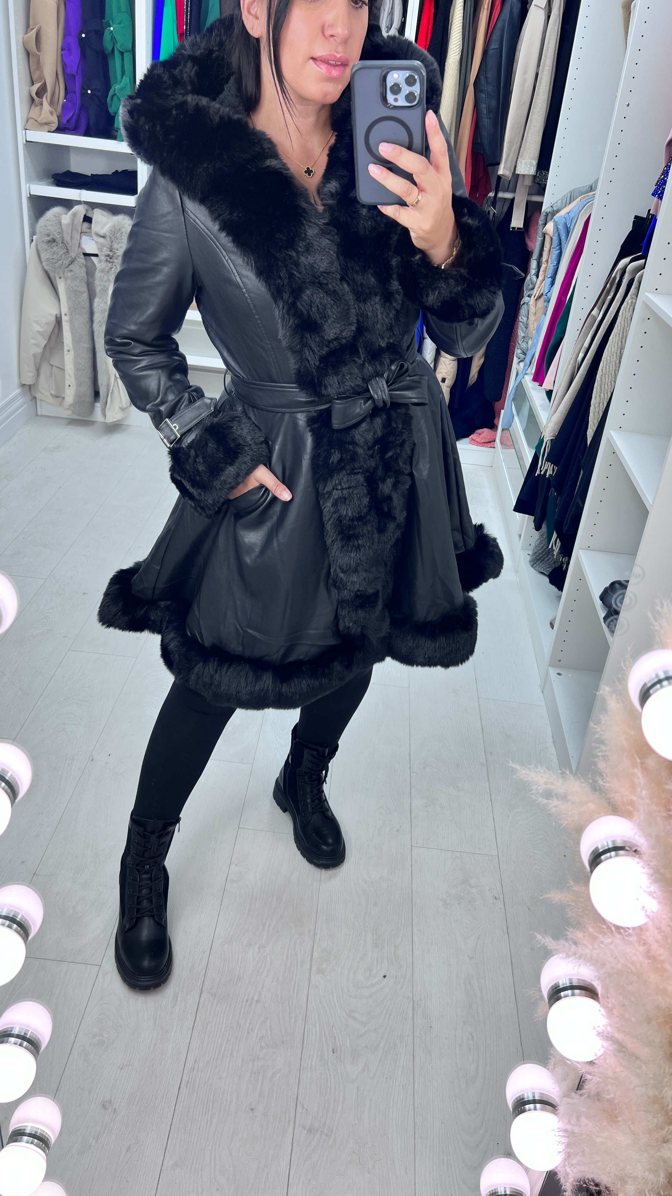 Stephanie Black Faux Fur Trim Faux Leather Coat