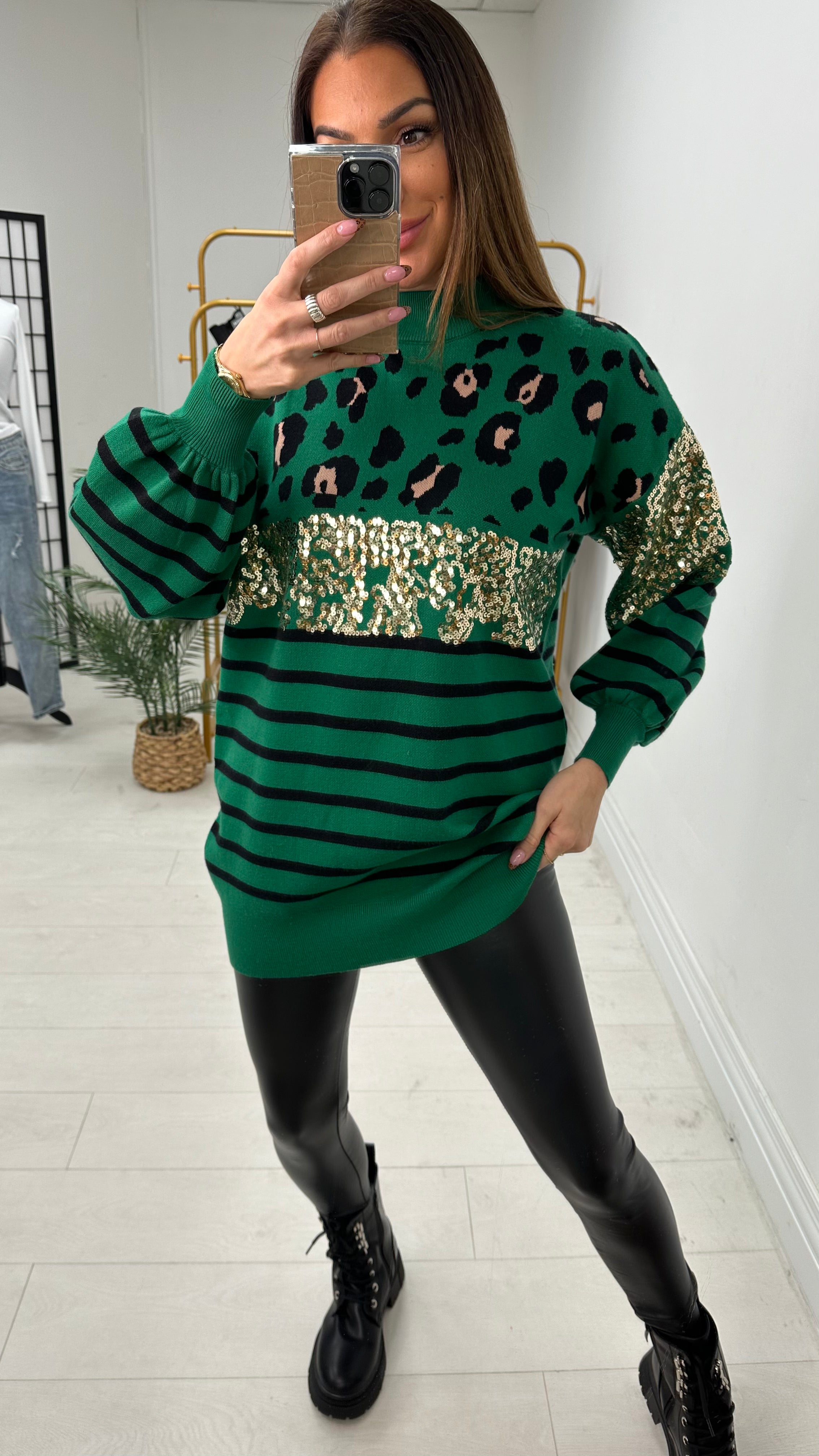 Tara Leopard Print Sequin Detailed Knit Jumper