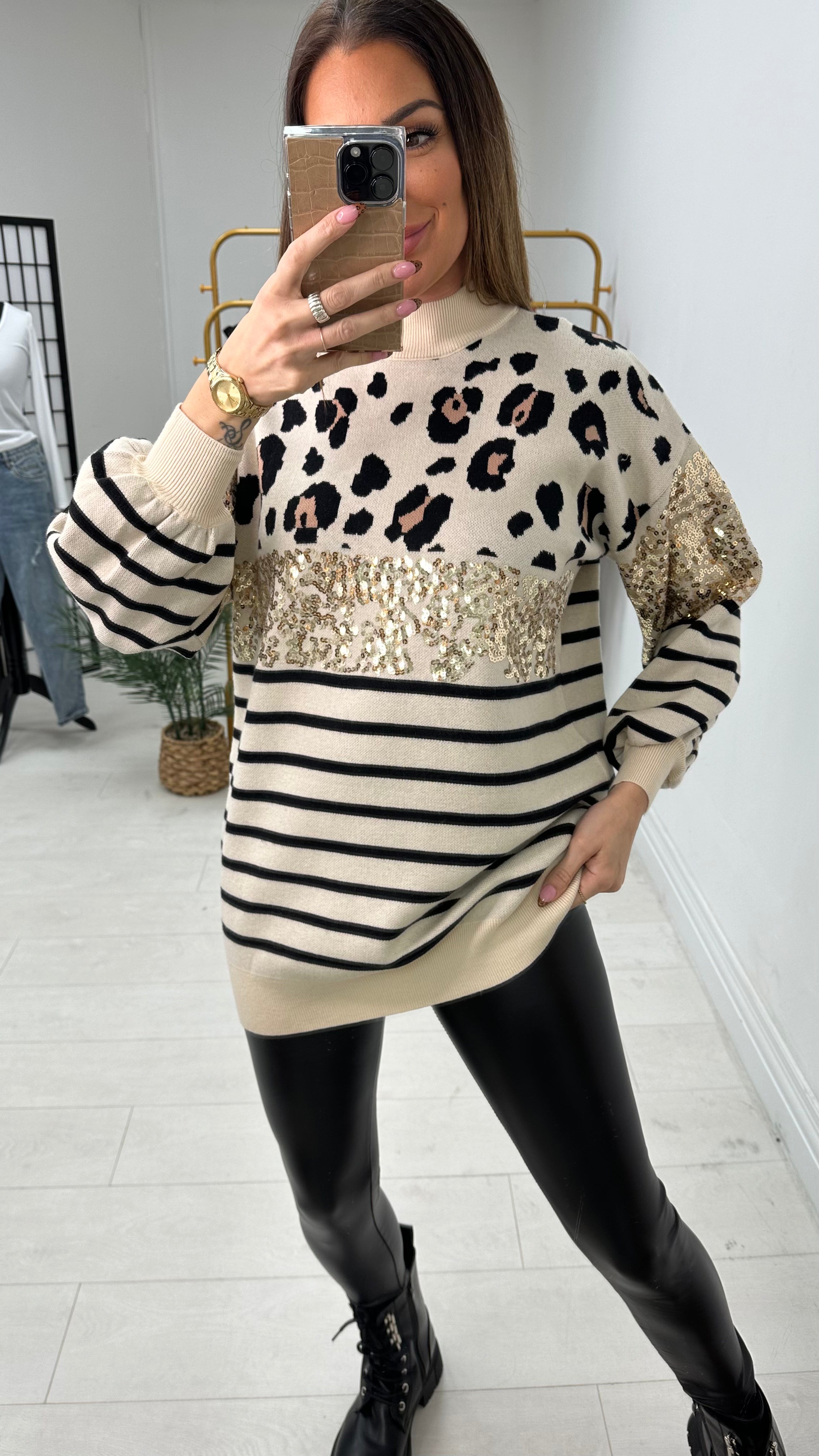 Tara Leopard Print Sequin Detailed Knit Jumper