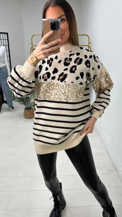 Tara Leopard Print Sequin Detailed Knit Jumper