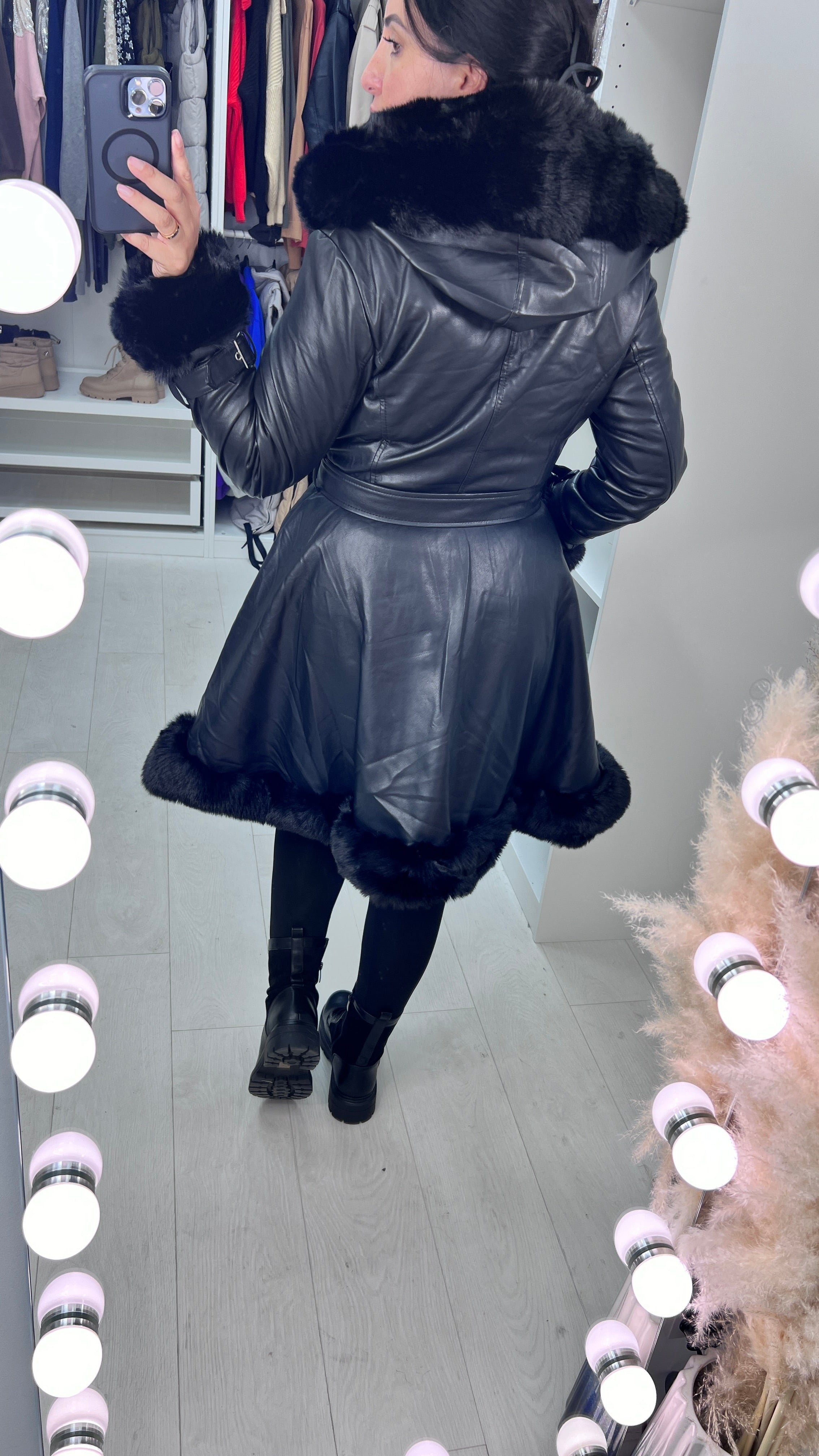 Stephanie Black Faux Fur Trim Faux Leather Coat