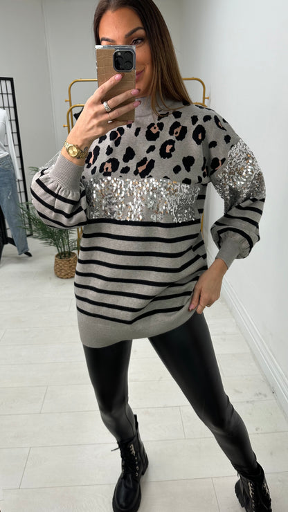 Tara Leopard Print Sequin Detailed Knit Jumper