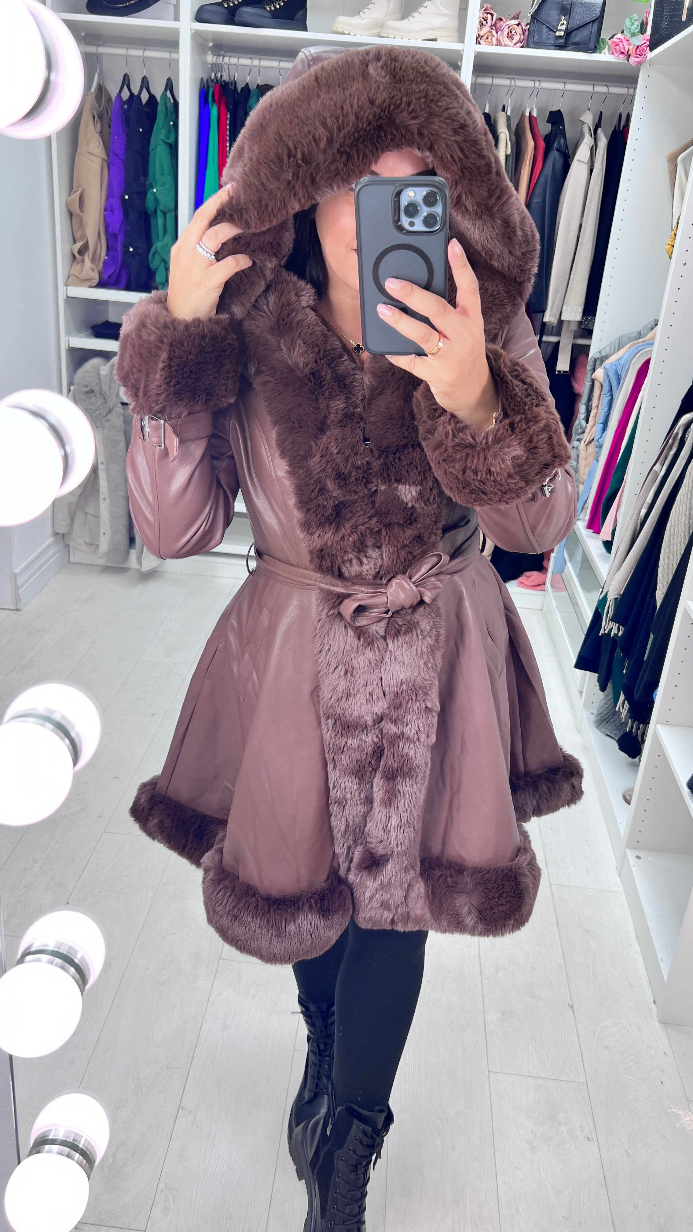 Stephanie Chocolate Faux Fur Trim Faux Leather Coat