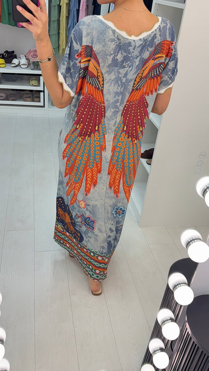 Joyce Angel Wing Pattern Short Sleeve Loose Fit Dress