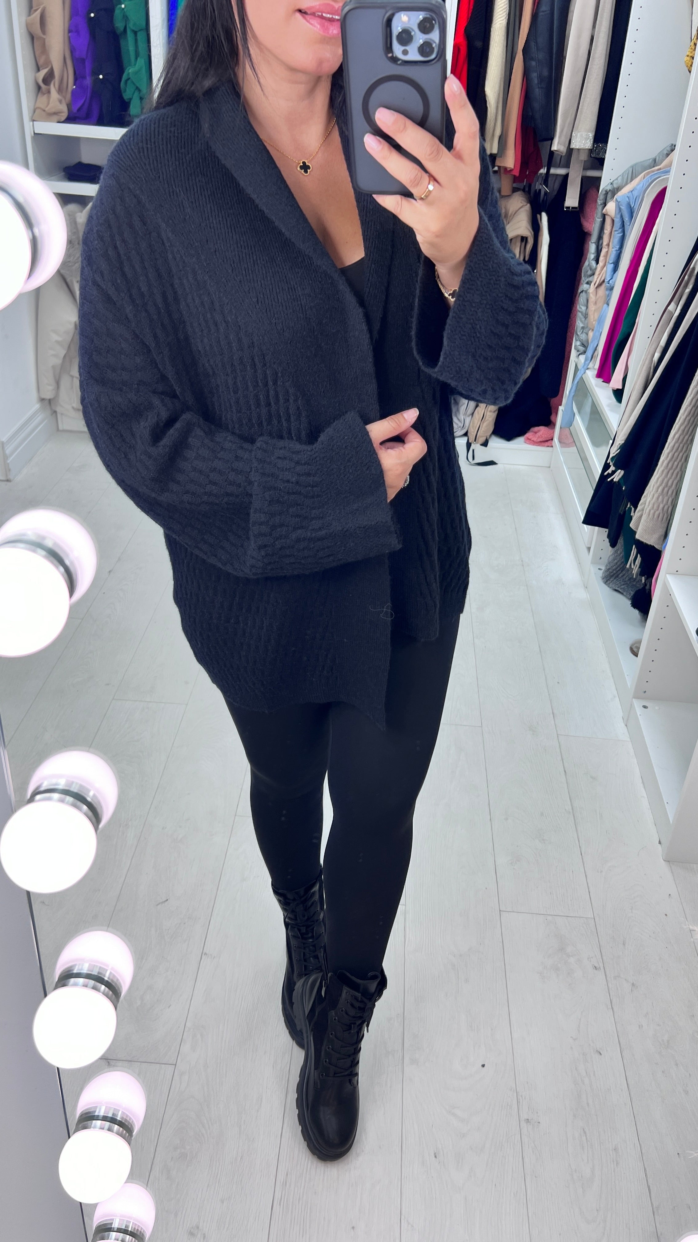 Melissa Shawl Collar Open Front Textured Cardigan