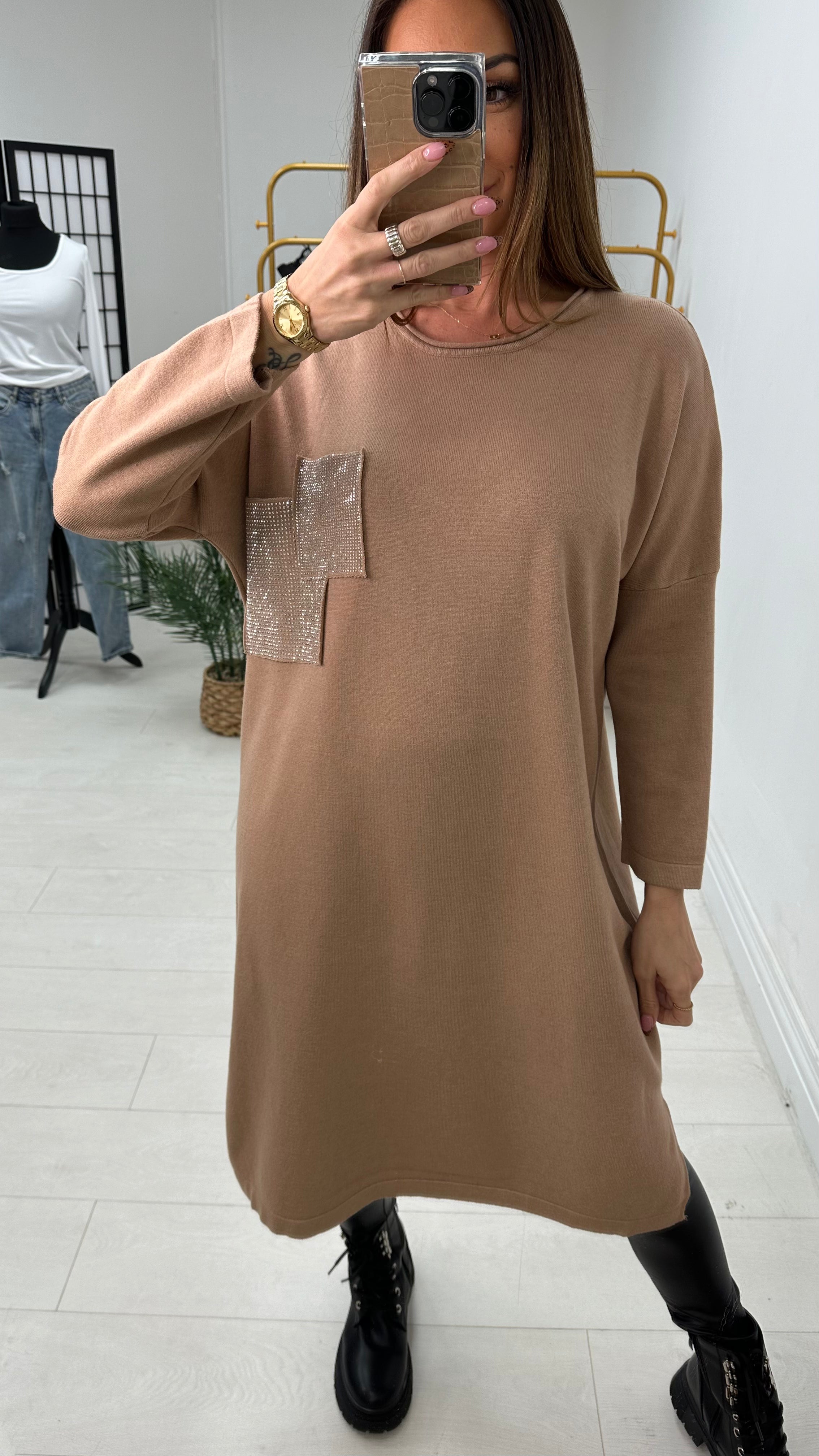 Camila Diamante Pocket Front Jumper Dress