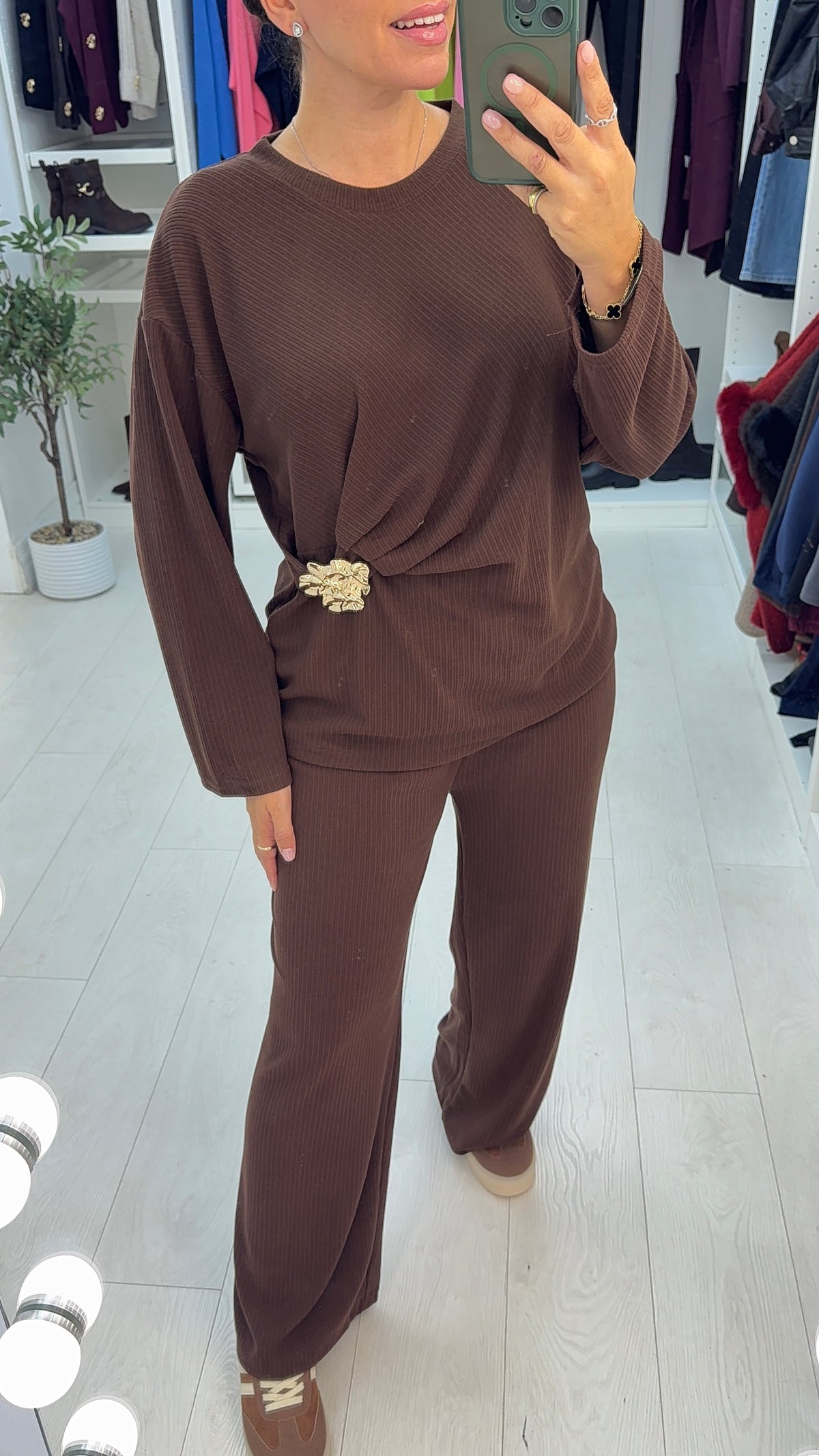 Hana Plain Ribbed Embellish Detailed Loungewear Set