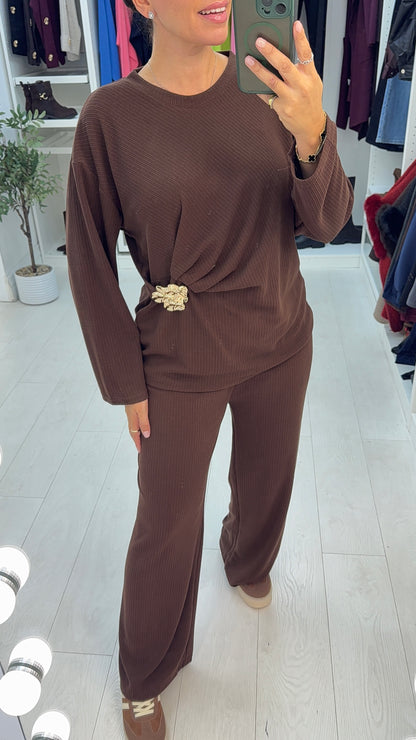 Hana Plain Ribbed Embellish Detailed Loungewear Set