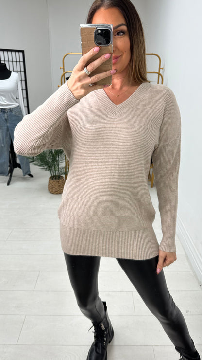 Michela Ribbed Plain V Neck Knit Jumper