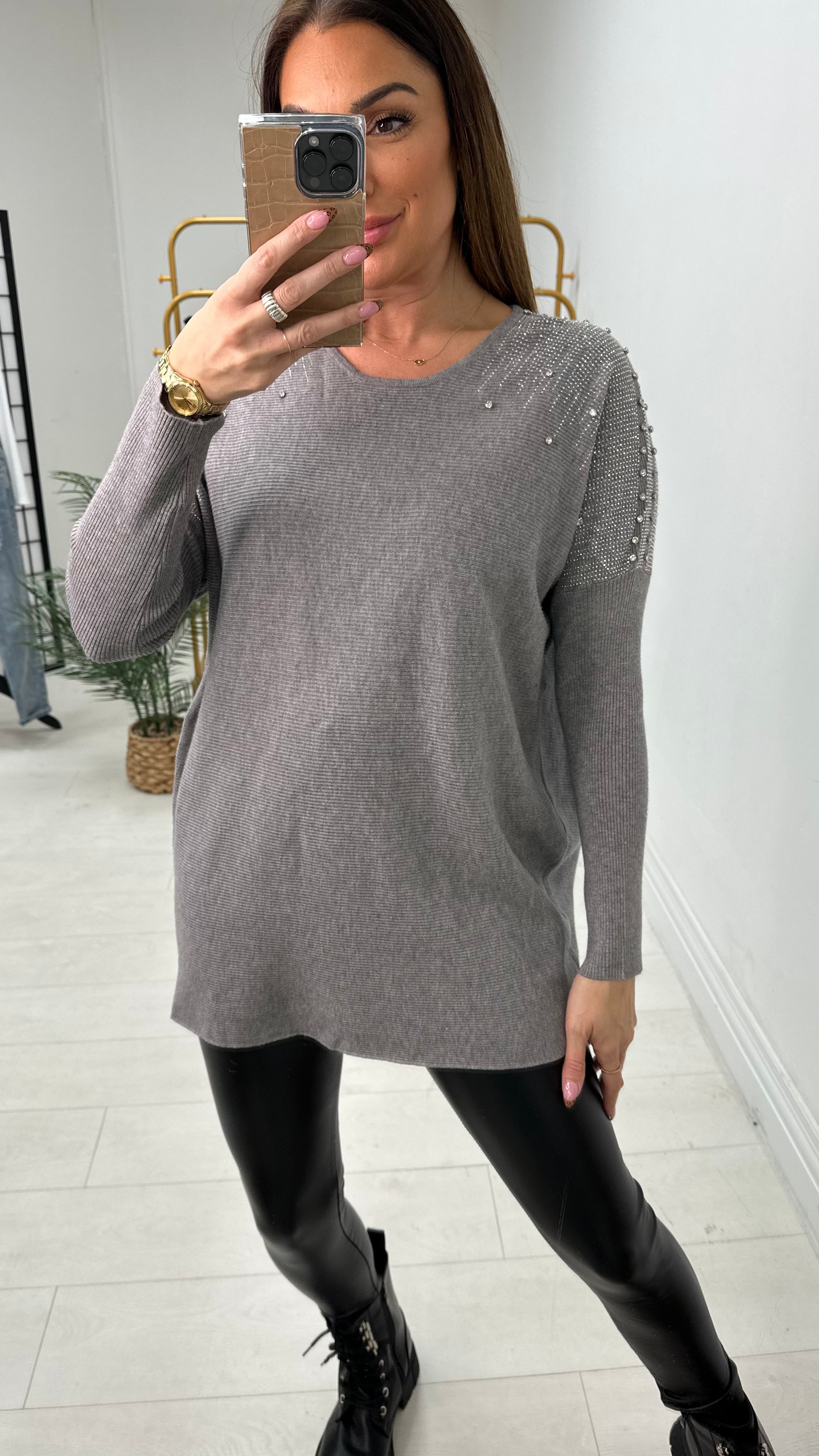 Janise Plain Embellished Shoulder Knit Jumper