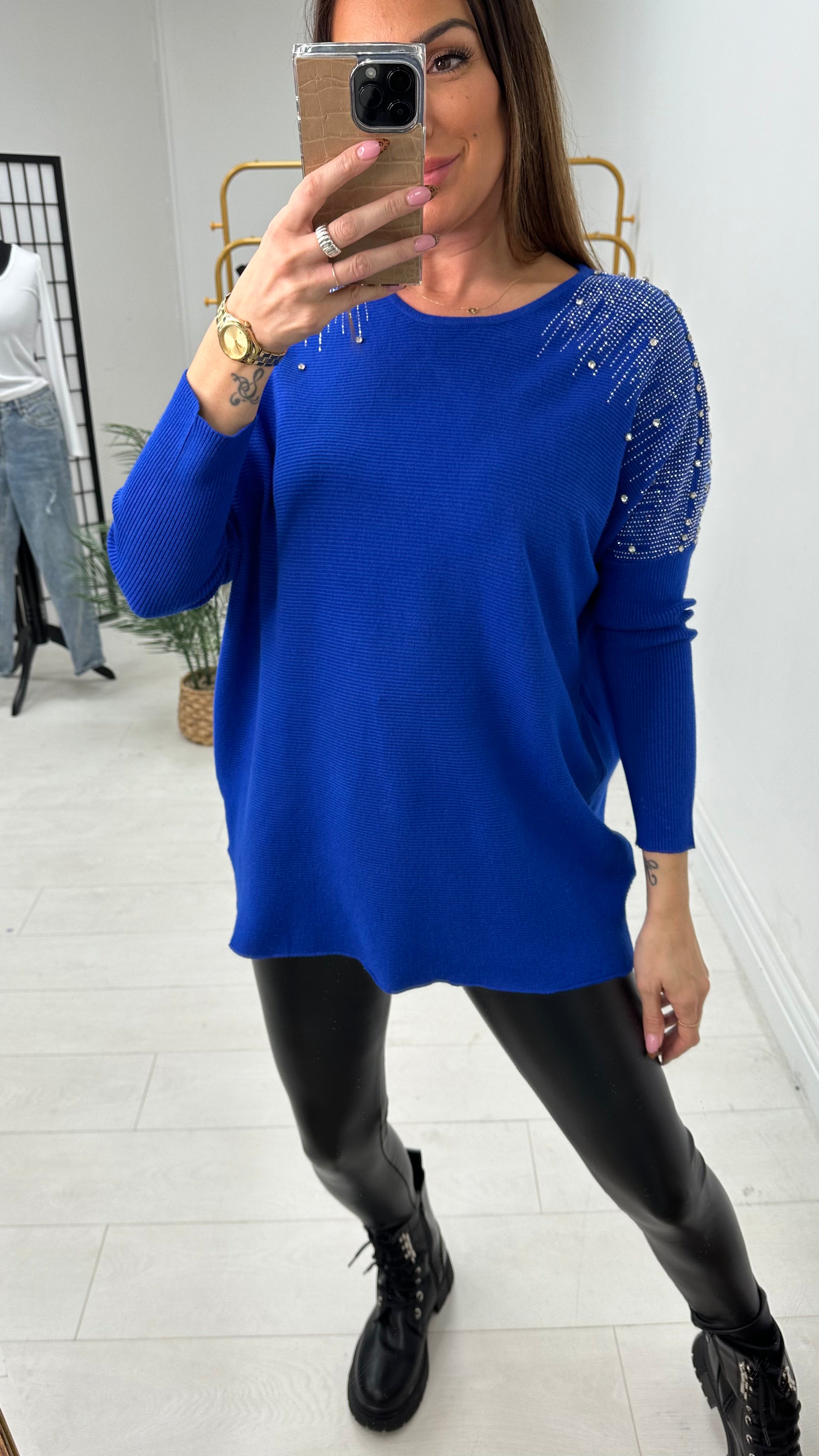 Janise Plain Embellished Shoulder Knit Jumper