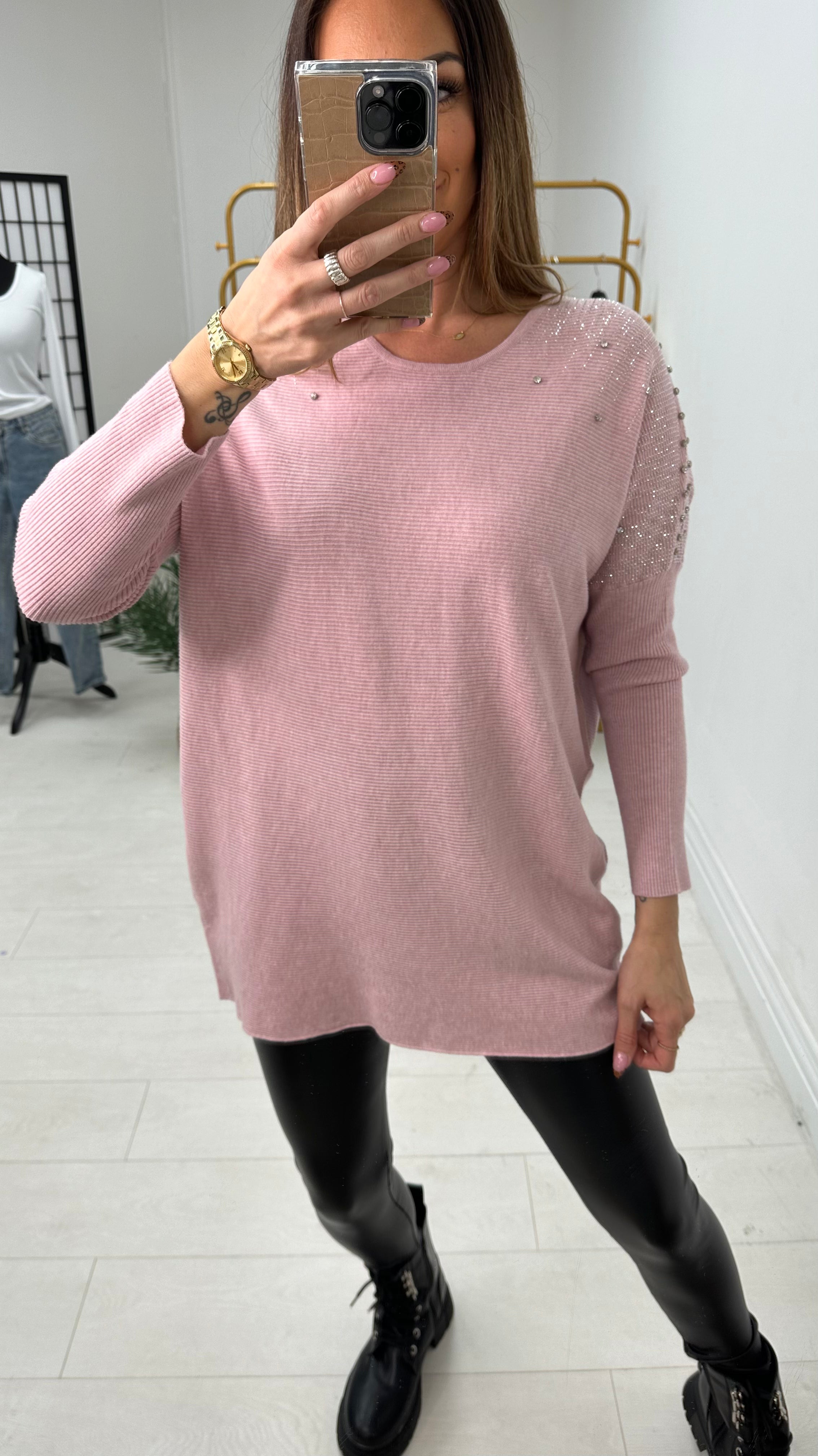 Janise Plain Embellished Shoulder Knit Jumper