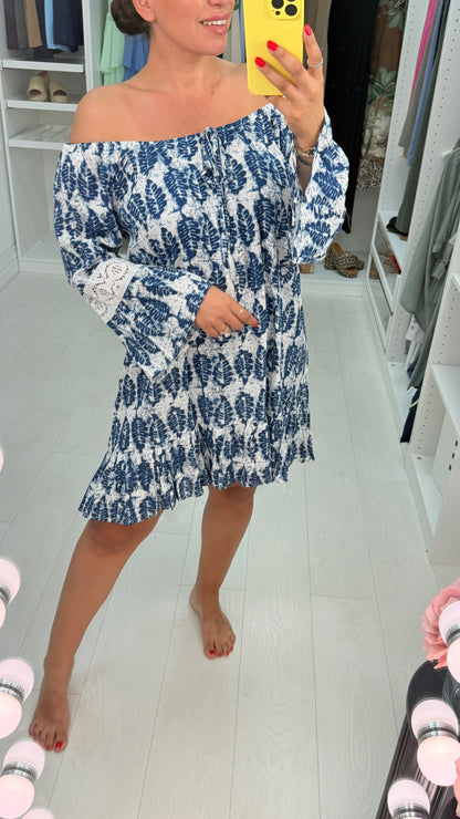 Yasmine Abstract Print Loose Fit Bardot Midi Dress