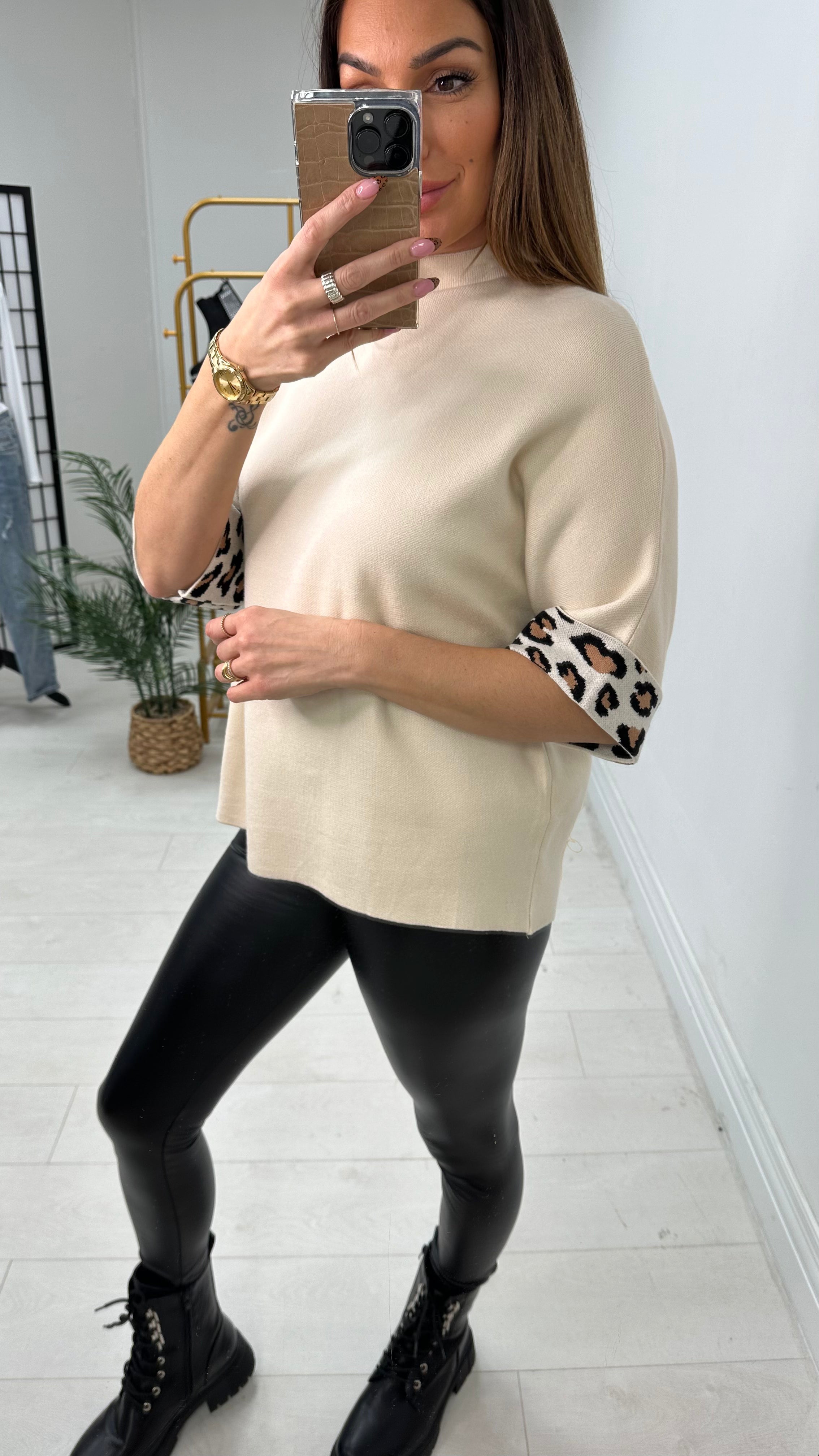 Bambi Leopard Print 3/4 Sleeve Knit Jumper