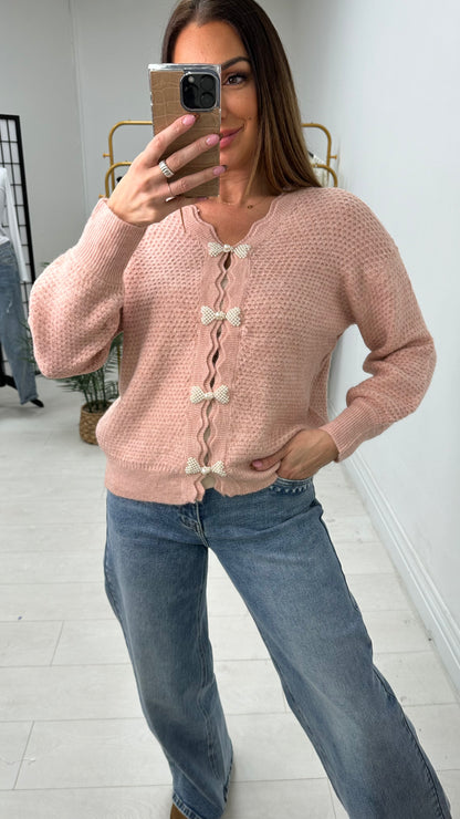 Clover Pearl Bow Detailed Knitted Cardigan
