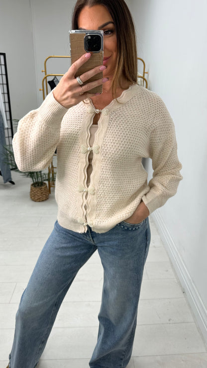 Clover Pearl Bow Detailed Knitted Cardigan