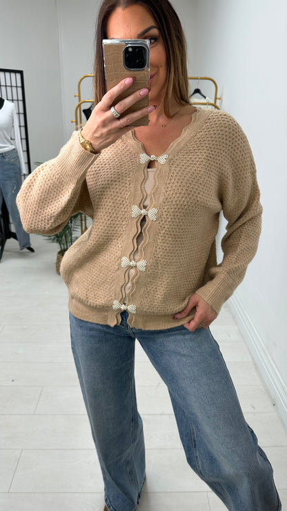 Clover Pearl Bow Detailed Knitted Cardigan