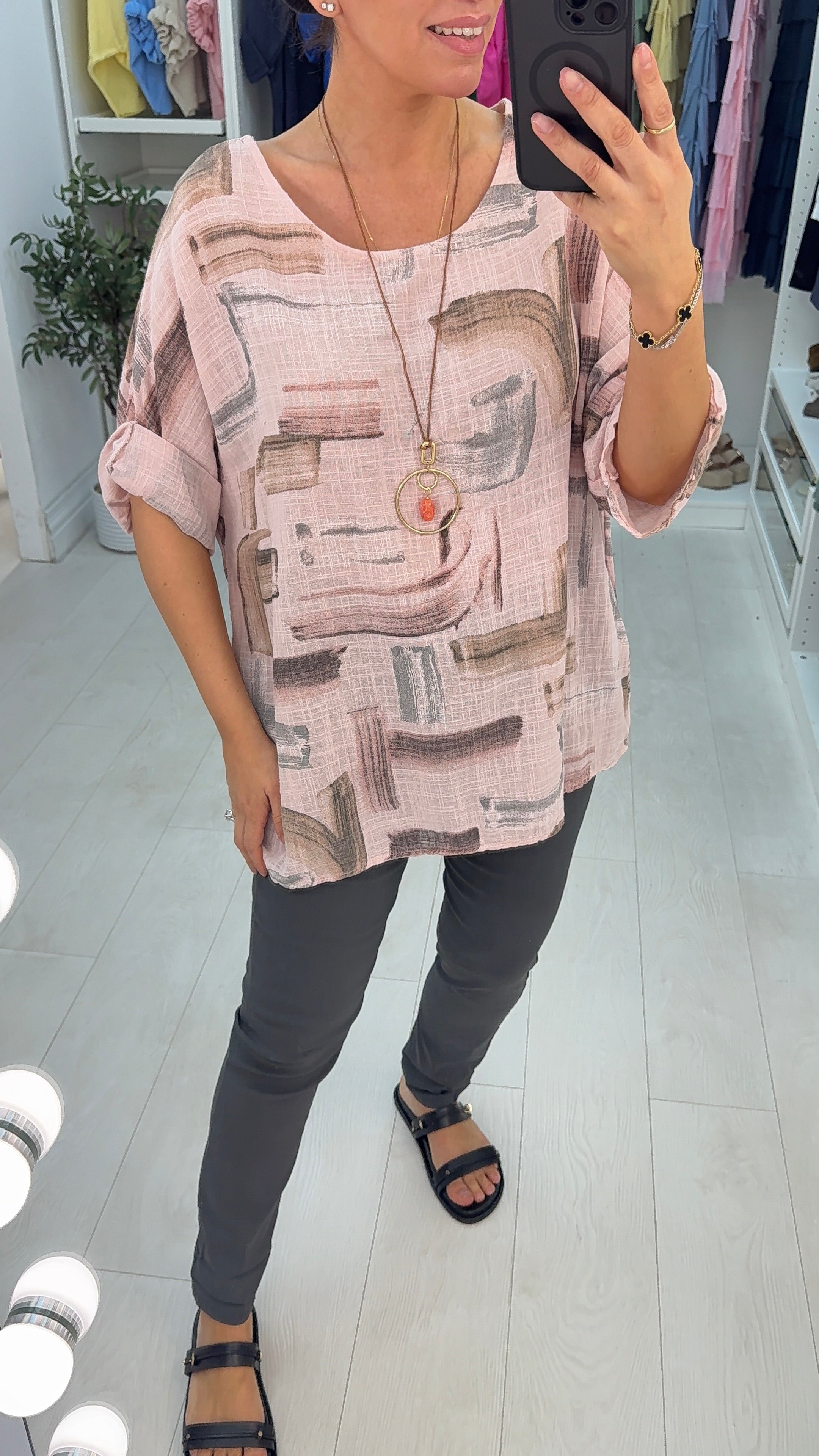 Ivona Abstract Print Necklace Dipped Hem Top