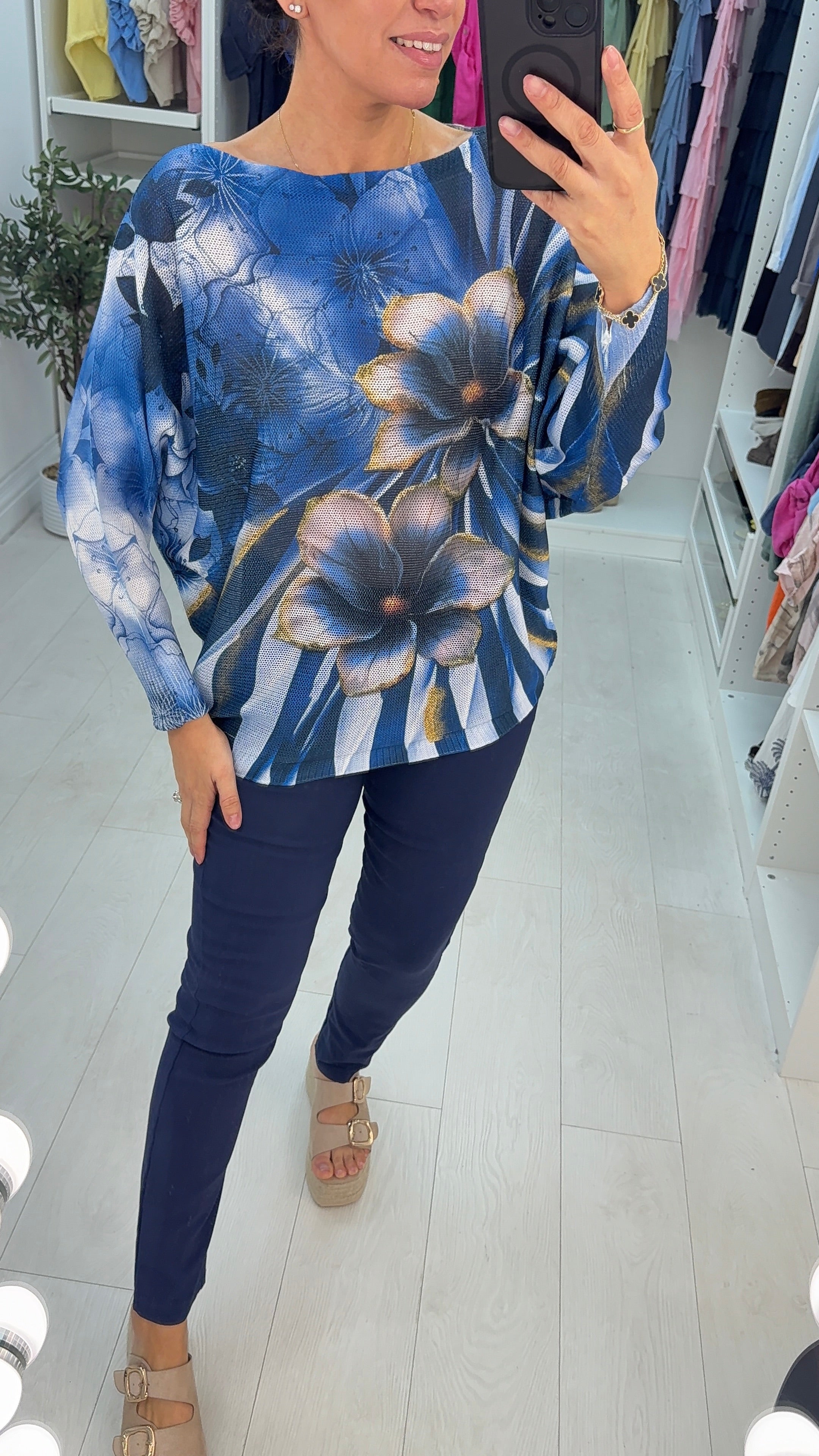 Tinley Floral Pattern Batwing Sleeve Thin Jumper