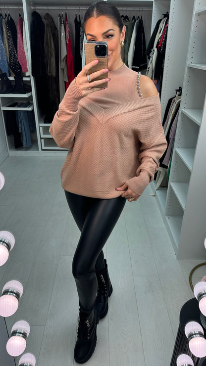 Nollie Embellished Cold Shoulder Knitted Jumper