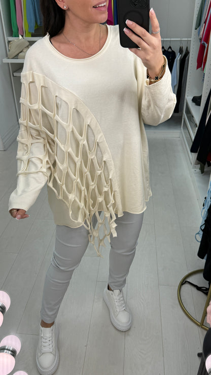 Georgia Plain Distressed Fish Net Detail Top