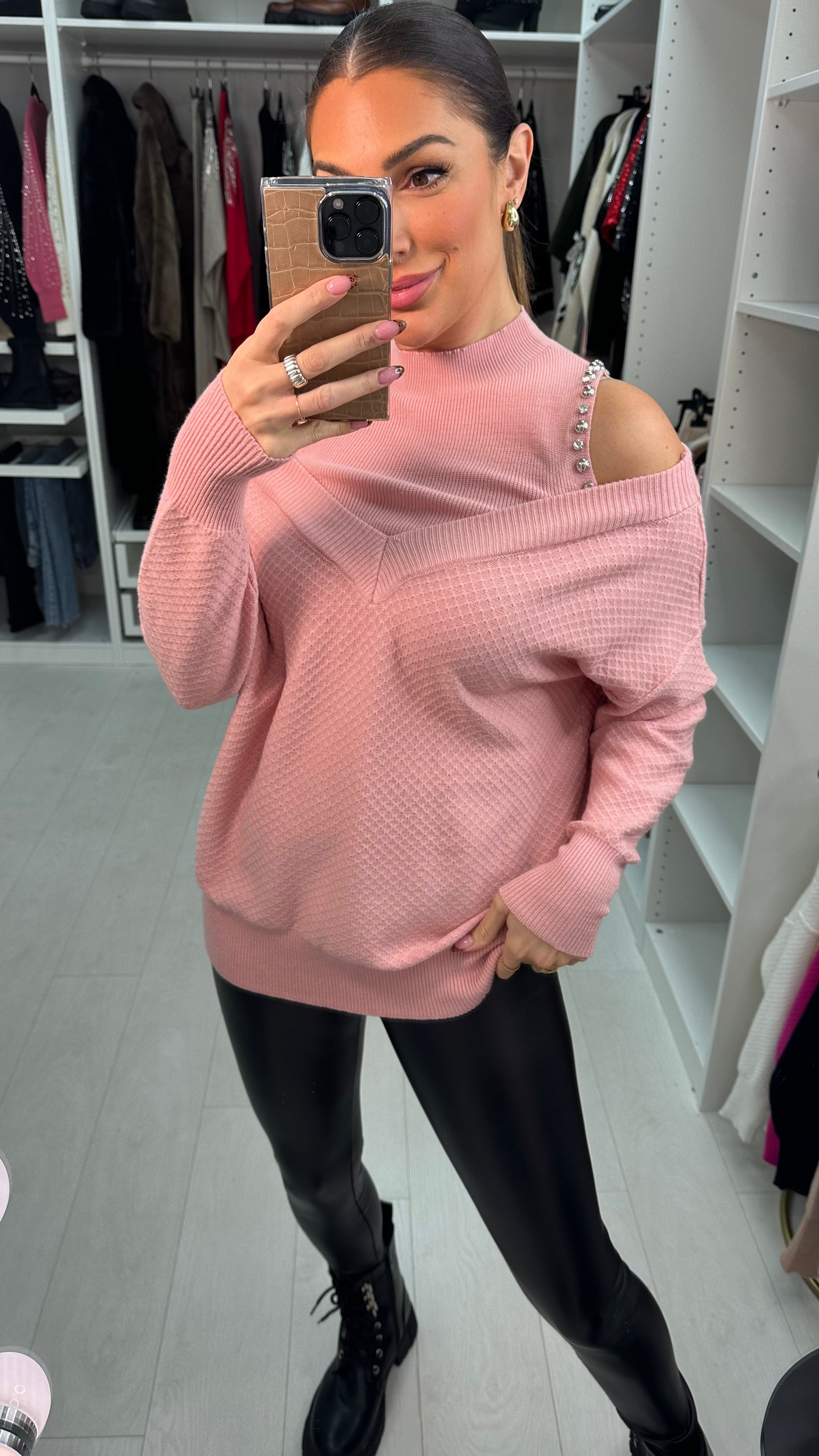 Nollie Embellished Cold Shoulder Knitted Jumper