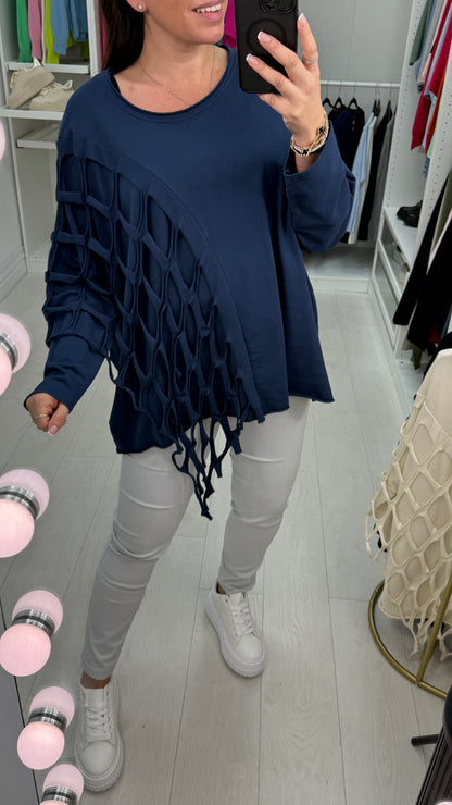 Georgia Plain Distressed Fish Net Detail Top