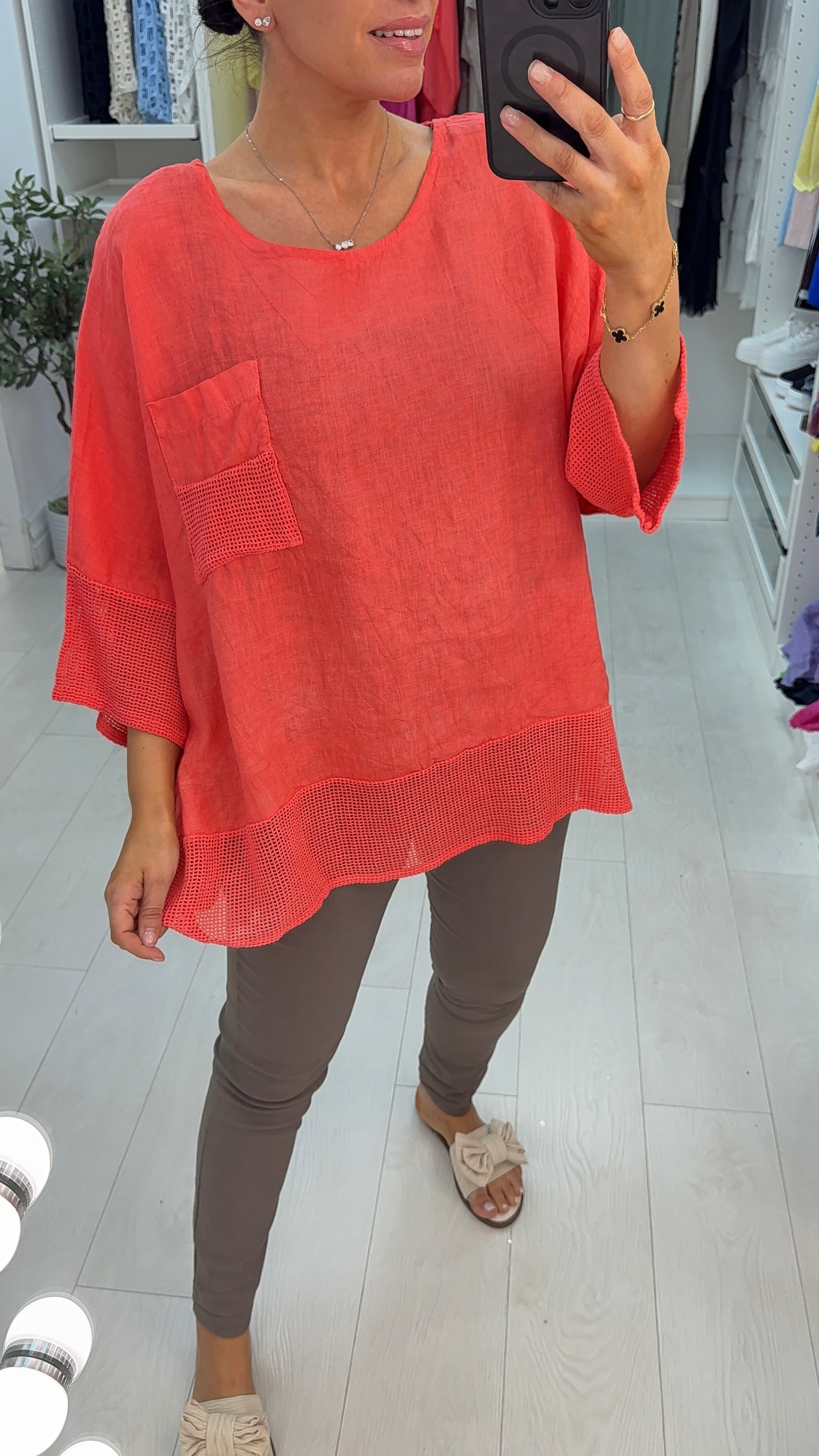 Inaya Plain Loose Fit Waffle Detailed Linen Top