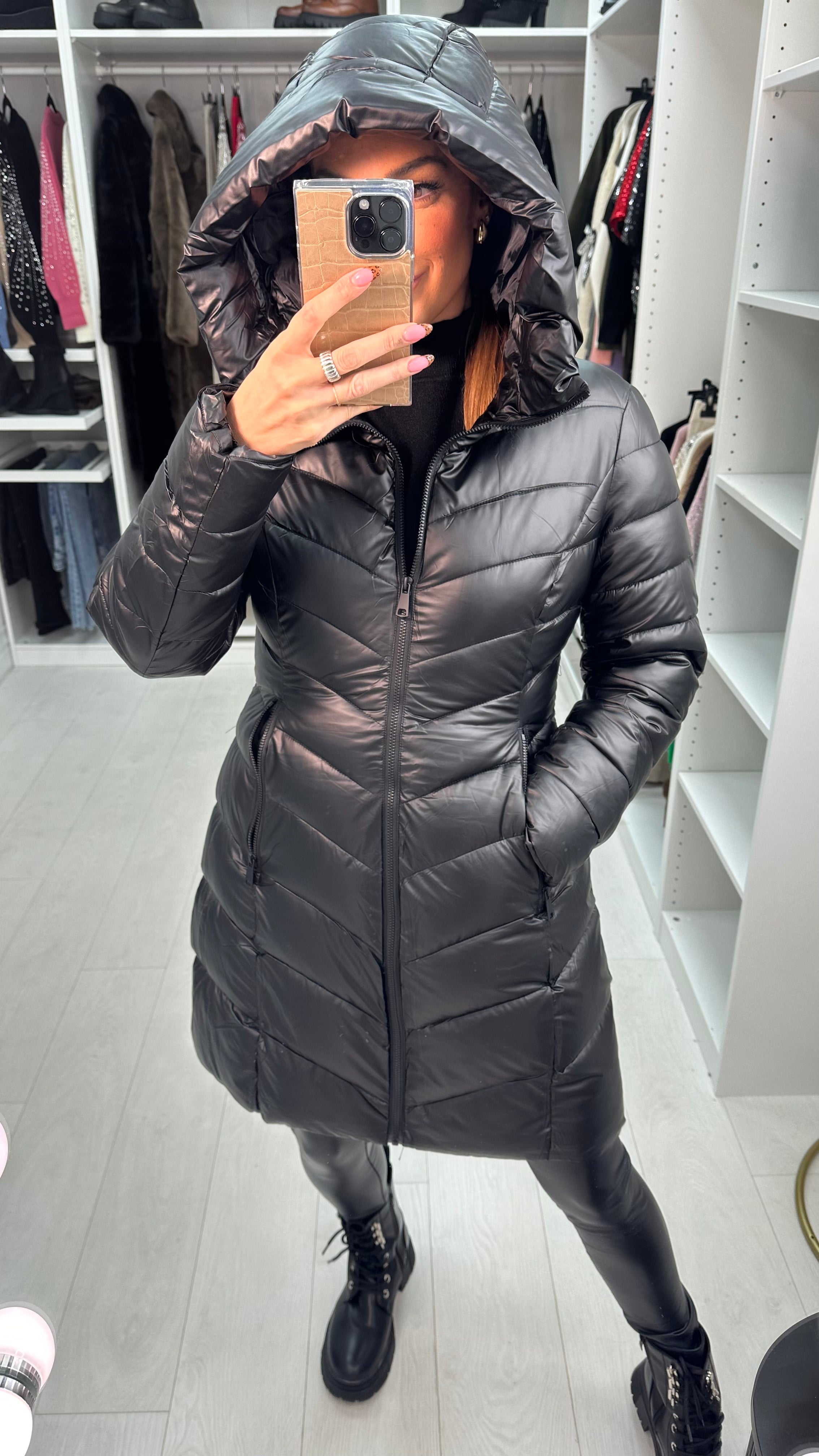 Tally Plain Chevron Design Hooded Coat