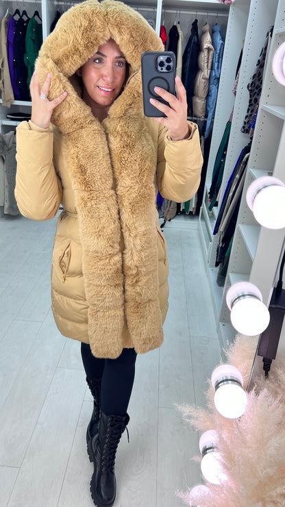 Semin Camel Faux Fur Panelled Hooded Belt Padded Coat