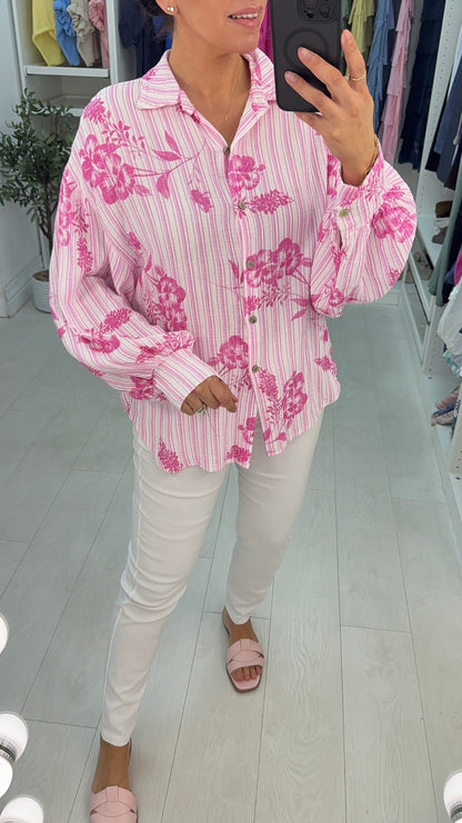 Kimber Floral Pattern Stripe Cheesecloth Shirt