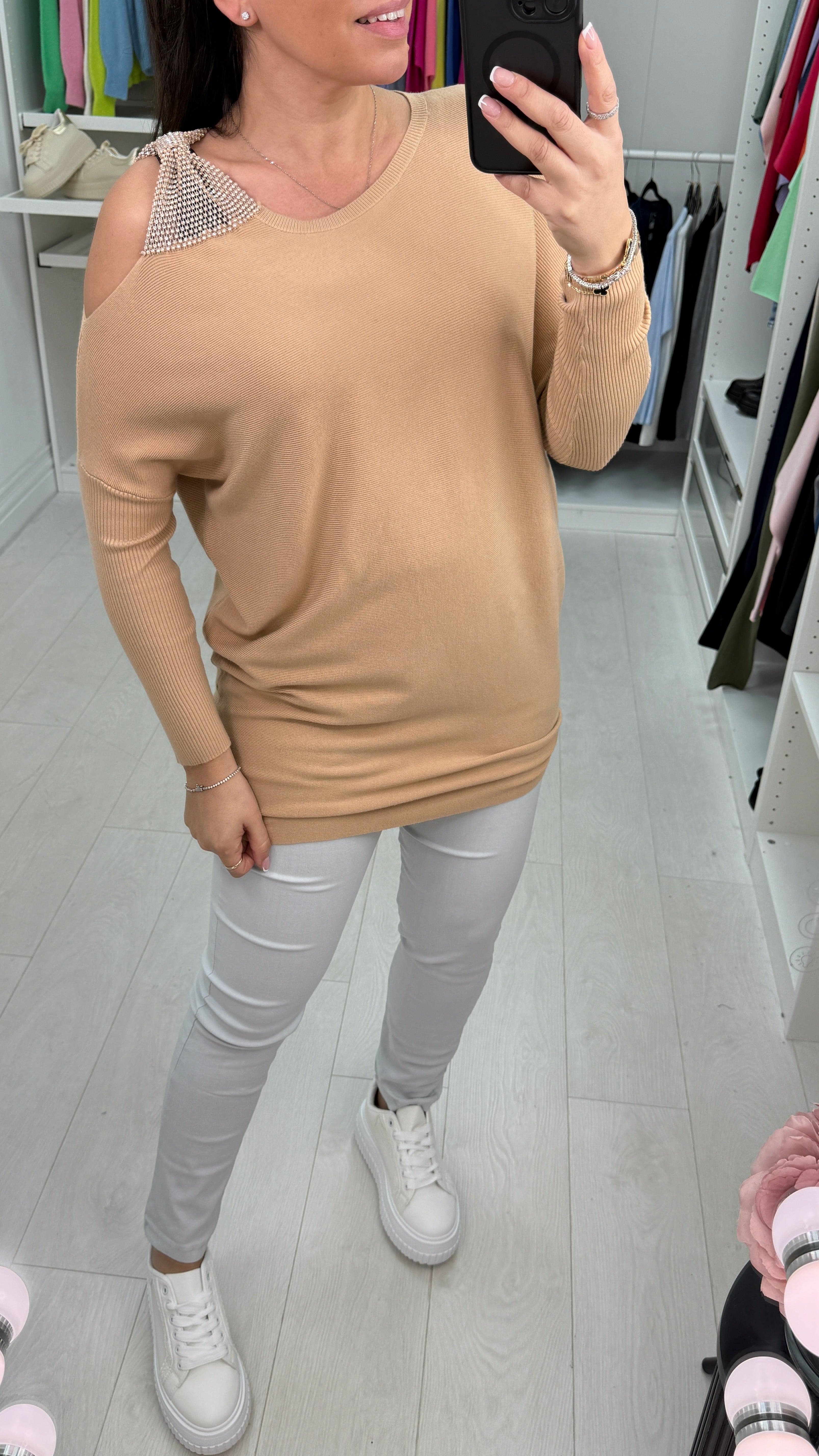 Brontie Diamante Bow Shoulder Detail Jumper