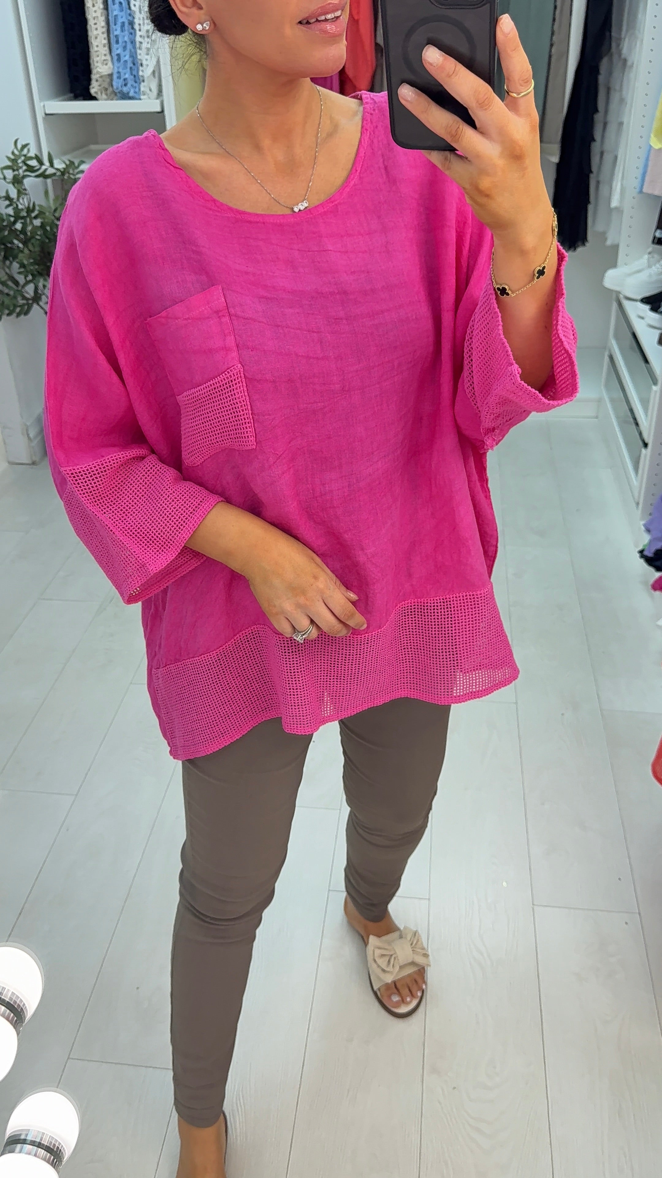Inaya Plain Loose Fit Waffle Detailed Linen Top