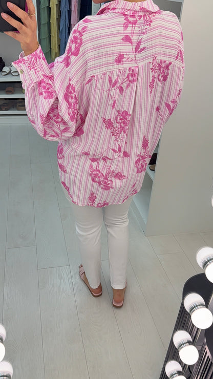 Kimber Floral Pattern Stripe Cheesecloth Shirt