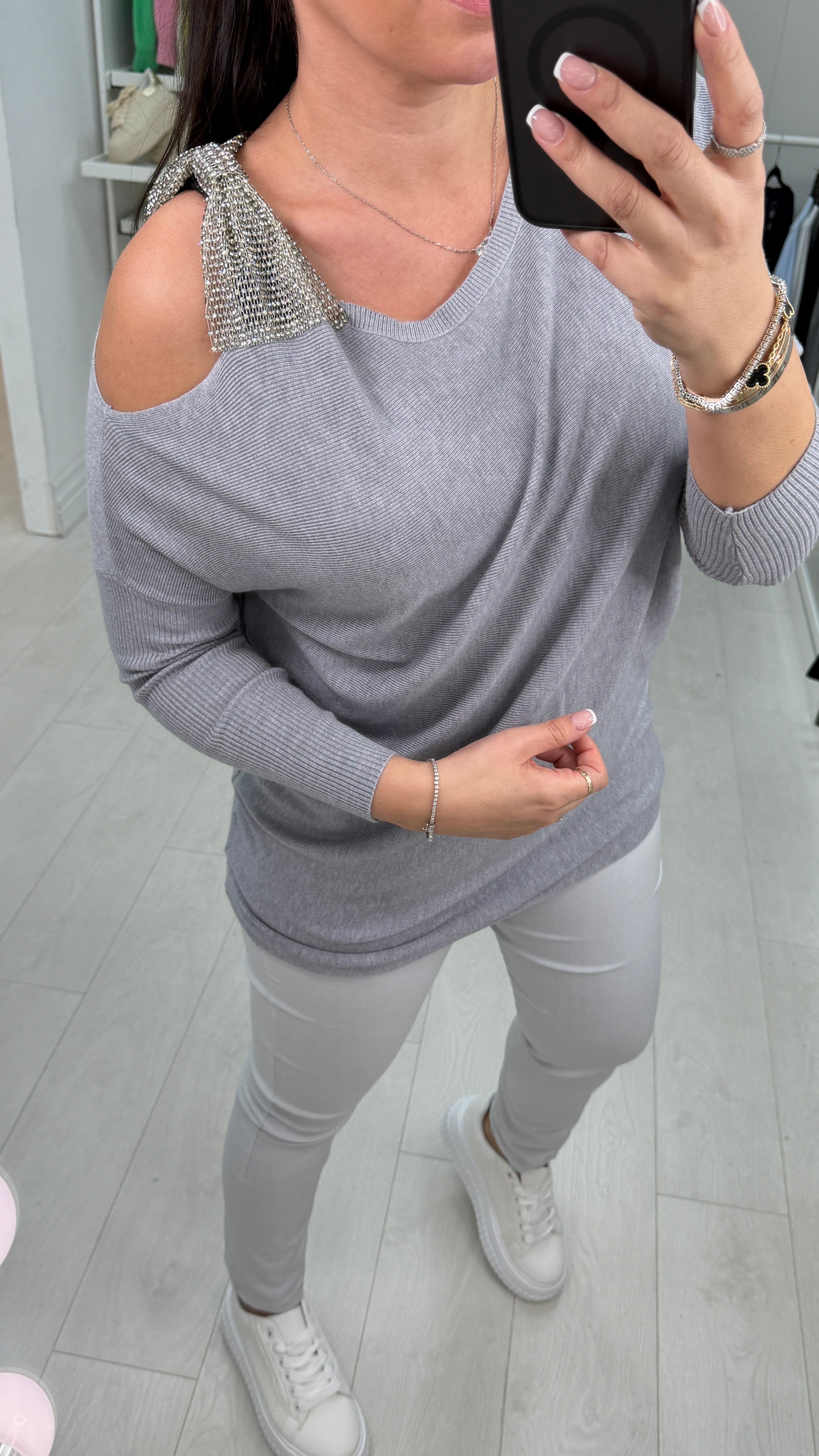 Brontie Diamante Bow Shoulder Detail Jumper