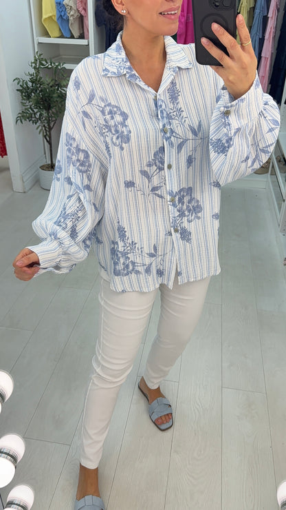 Kimber Floral Pattern Stripe Cheesecloth Shirt