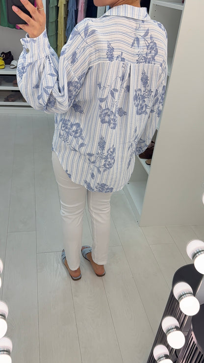 Kimber Floral Pattern Stripe Cheesecloth Shirt