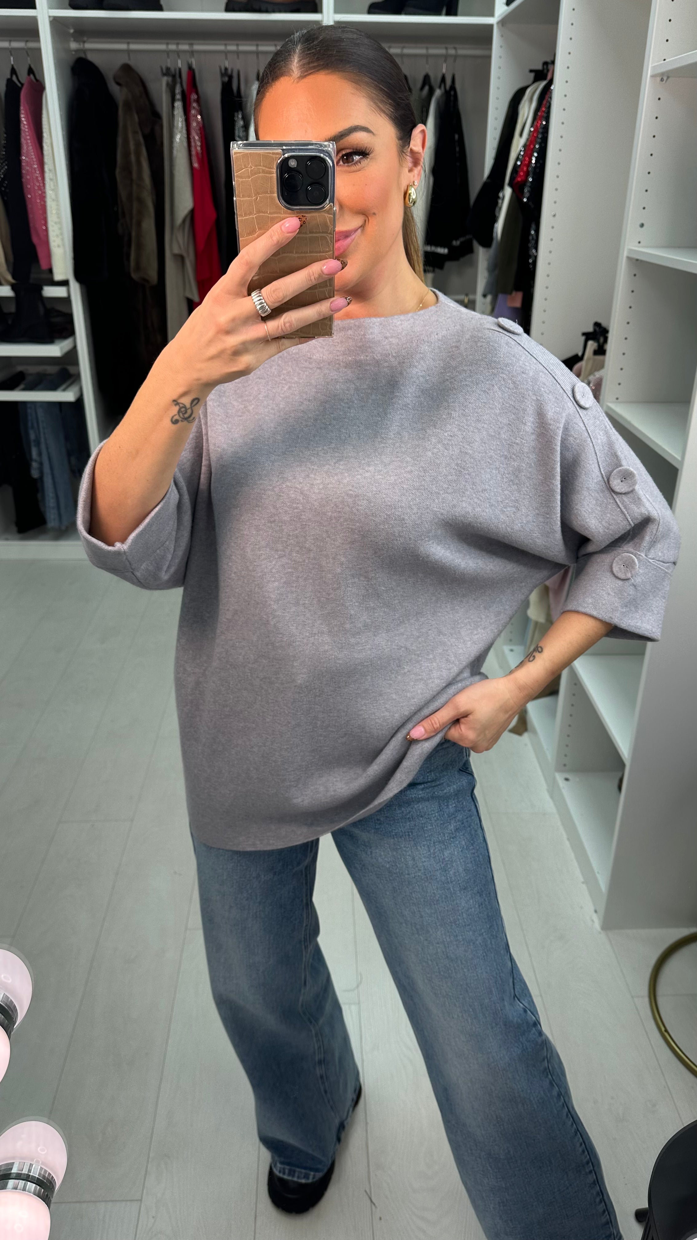 Pavetta Button Detailed 3/4 Sleeve Knit Jumper