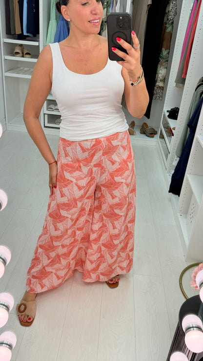 Jaykay Coral Leaf Print Palazzo Trousers