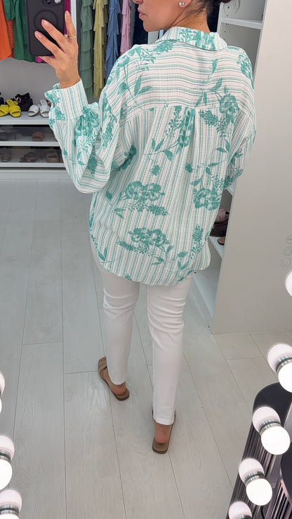 Kimber Floral Pattern Stripe Cheesecloth Shirt