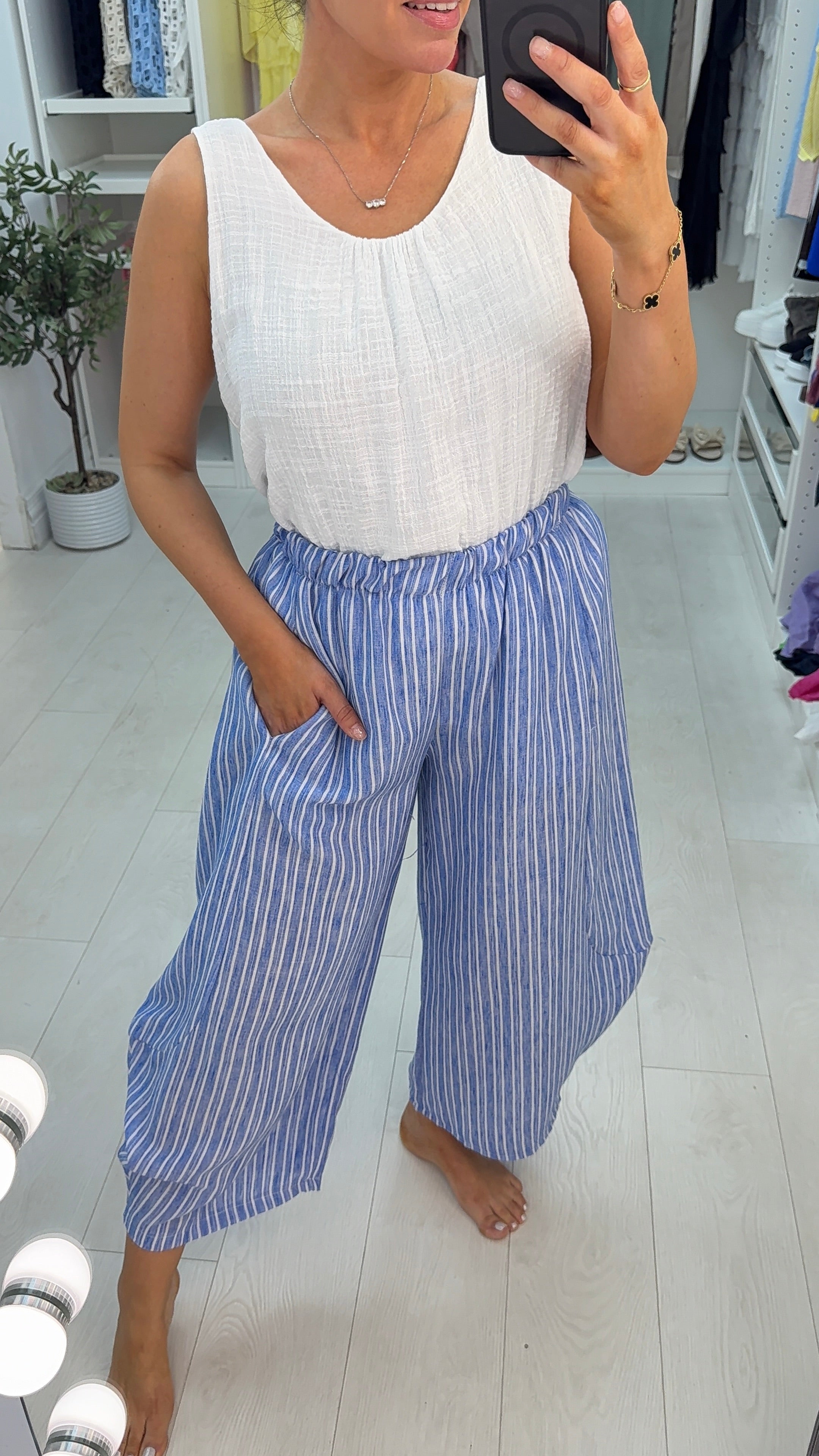 Tasia Striped Elasticated Waist Barrel Leg Trousers